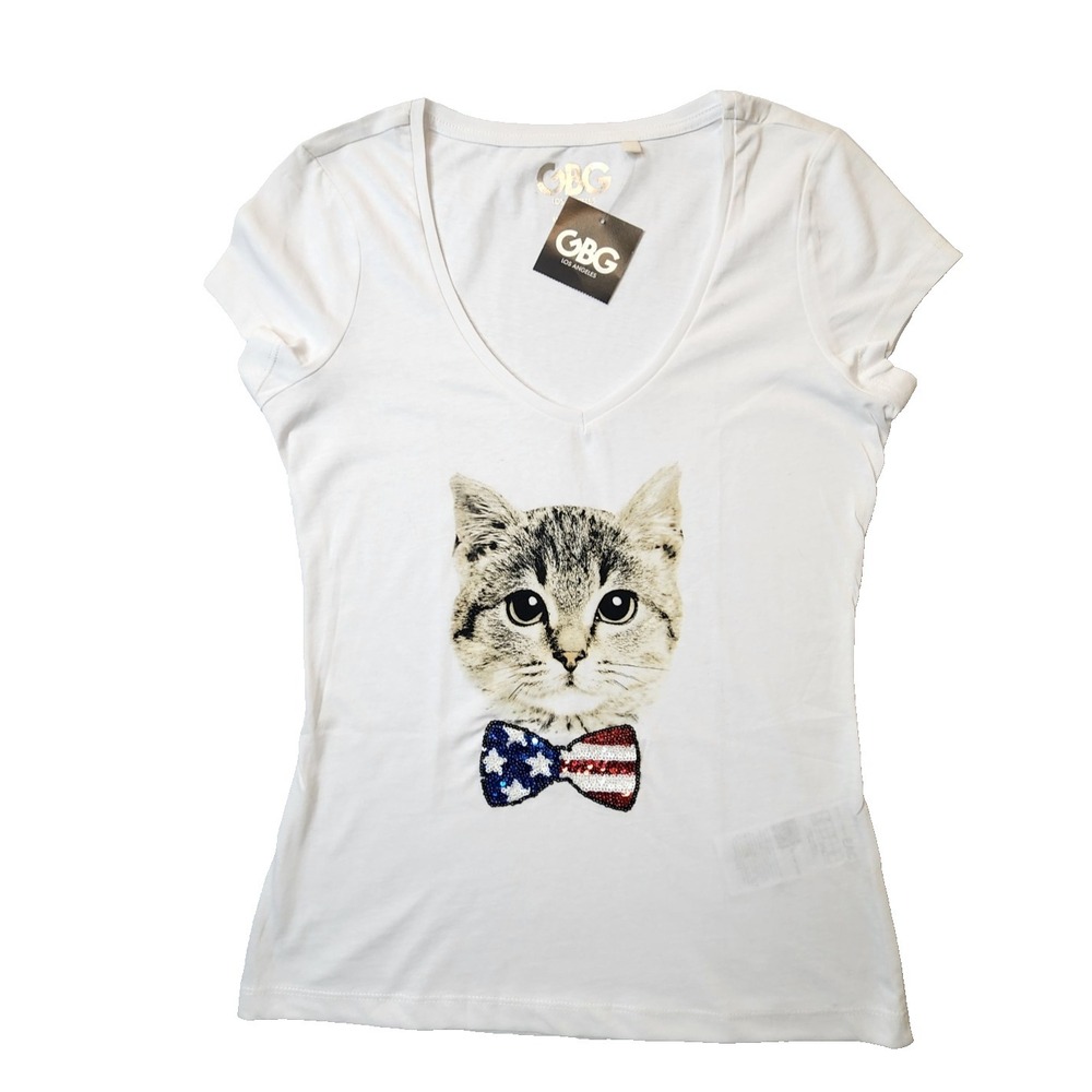 G by Guess Los Angeles Women's T-Shirt Lexi Cat Tee Short Sleeve, White, Size M